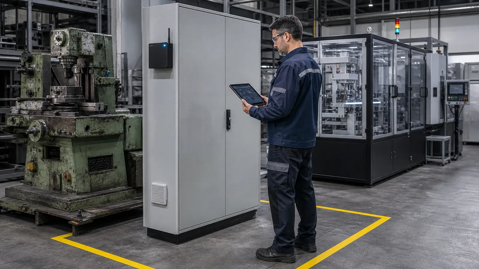 Kapalı kontrol panosundaki IoT gateway cihazını tablet üzerinden kontrol eden otomasyon teknisyeni