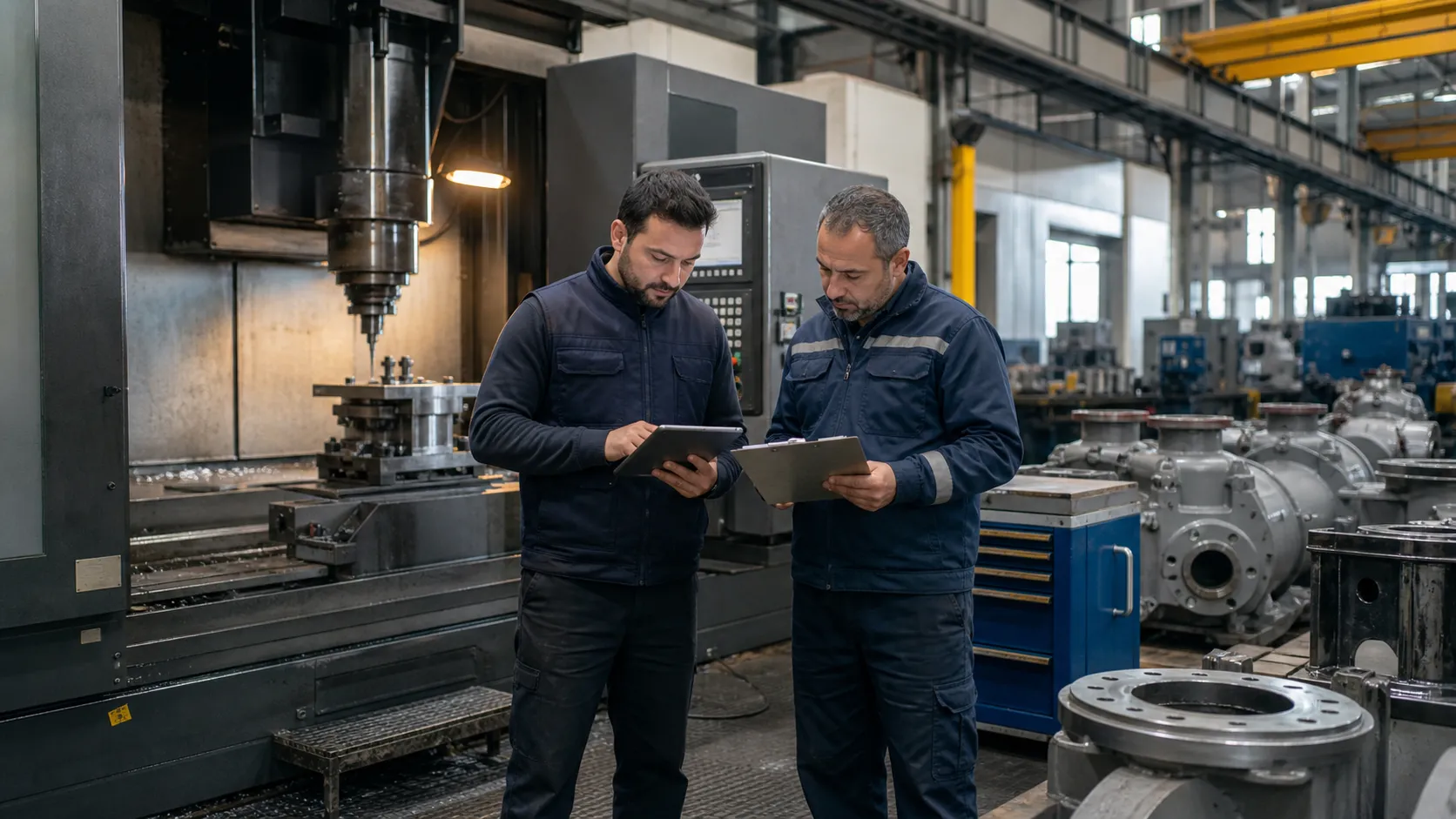 CNC üretim sahasında tablet ve iş planı üzerinden makine ile üretim emri bağlamını inceleyen iki teknik çalışan