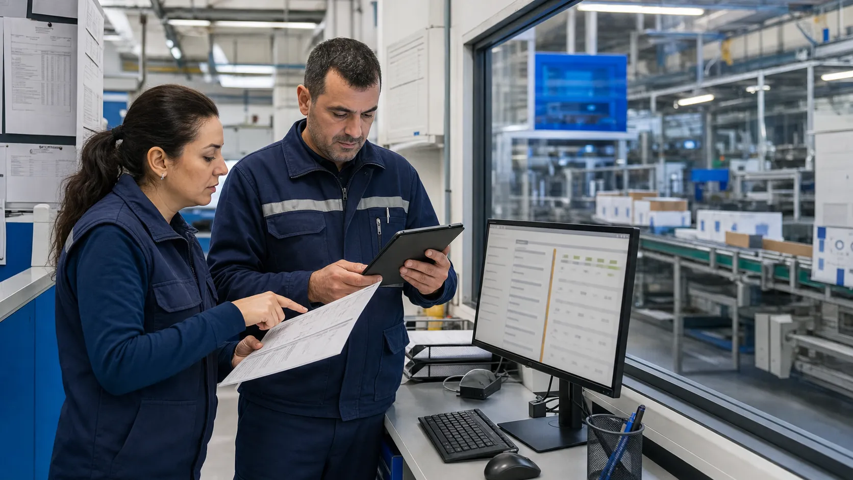 Üretim sahasının yanında iş emri belgesi ve tablet üzerinden plan ile gerçekleşmeyi karşılaştıran iki üretim çalışanı
