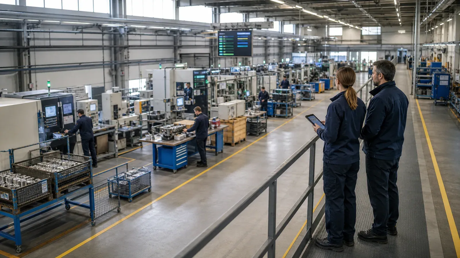 Bağlantılı üretim hattını ve saha ekranlarını birlikte değerlendiren fabrika ekibi