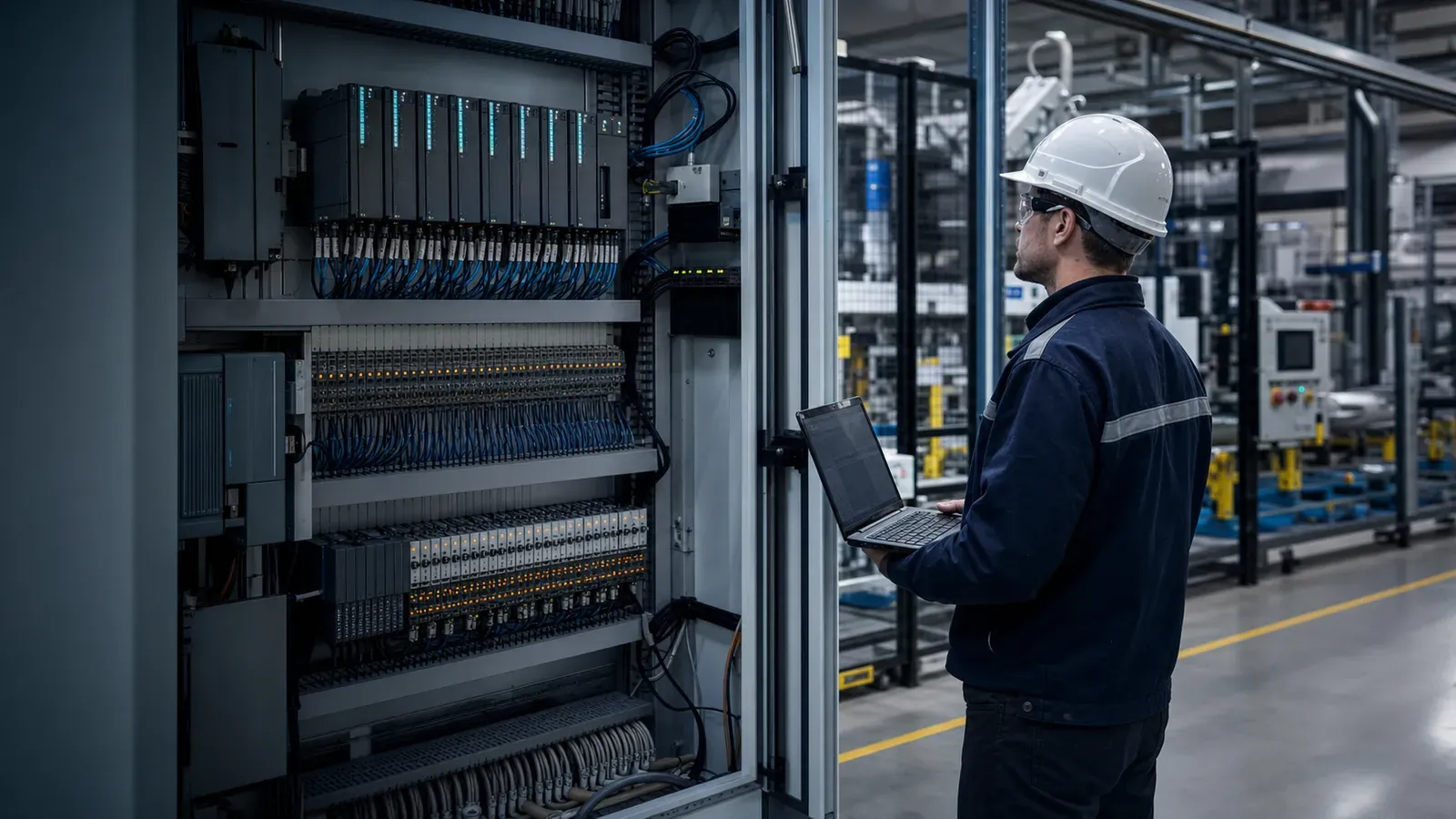 Üretim hattındaki PLC ve I/O modüllerini kontrol eden otomasyon teknisyeni